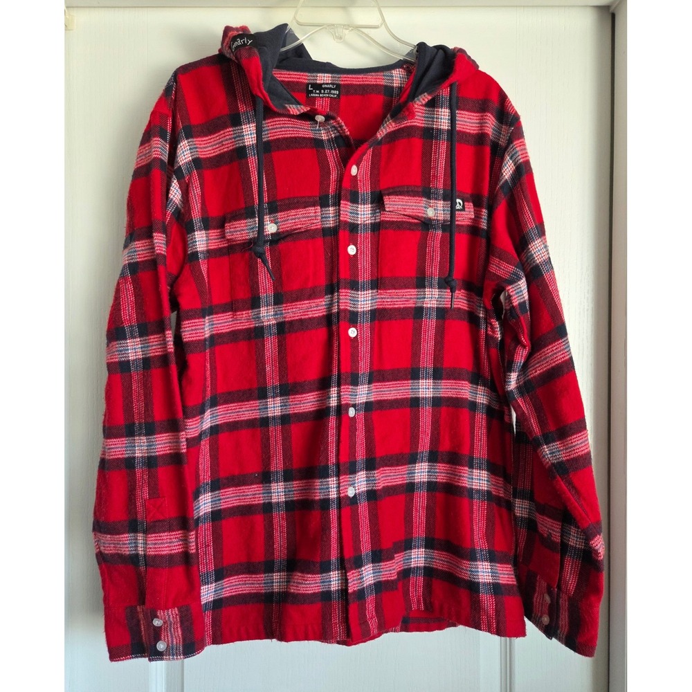 Gnarly Red Plaid‎ Flannel Hoodie Shirt Jacket Men's Size L VTG Streetwear Surfer